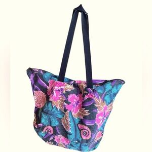 Vintage Cotton Black/Pink/Gold/Green/Blue/White Tropical Floral Print Tote Bag.
